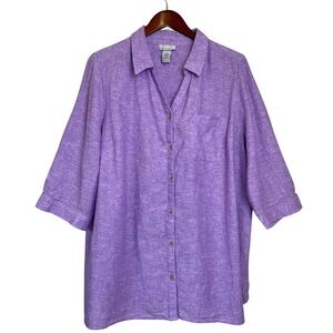 Catherines Purple Button Down Top, 0X, Linen Cotton